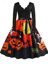 ieftine Rochie de Halloween-Rochie midi de Halloween pentru femei cu imprimeu de dovleac rochie în formă de A casual zi de zi vacanță croială regulată dovleac mânecă lungă guler în V galben albastru mov portocaliu vară