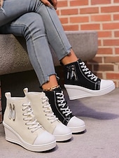 tanie Trampki damskie-damskie buty sportowe na koturnie z denimu, sznurowane z przodu i zapinane na suwak z boku, codzienne buty na wysokiej platformie do noszenia na co dzień