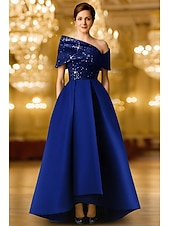 abordables Robes de Soirée en A-Ligne A Longueur au sol Robe de Soirée Tenue de soirée Élégant ancien Scintillant Manche Courte Une Épaule Formel Mariage Poche Satin Extensible avec Paillettes Châle 2025