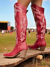 Недорогие Ковбой и западные ботинки-Женские коричневые ковбойские сапоги выше колена в стиле вестерн — ковбойские сапоги из искусственной кожи с вышивкой, острым носком и блочным каблуком для уличного стиля, повседневных нарядов на