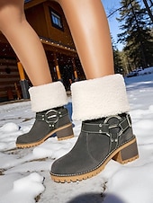 baratos Botas de neve e inverno-Botas femininas de camurça sintética com punho e fivela de pele de carneiro – botas casuais de inverno com salto grosso para atividades ao ar livre, viagens e looks aconchegantes