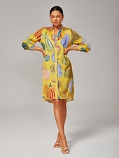 preiswerte Blumenkleider-Damen Hemdkleid lässig V-Ausschnitt asymmetrischer Saum geteiltes Design Kürbis-Print gelb