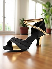 baratos Sapatos de Dança Latina-Sandálias femininas pretas e vermelhas para dança latina - sapatos de salão profissionais com bico aberto e salto médio com tira no tornozelo para performance e prática
