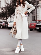 abordables Manteaux d&#039;Hiver-Femmes Manteau Trench Chaud Confortable Avec Poches Mode Moderne Occasionnel Uni Sortir Week-end Simple Boutonnage Long Col Rabattu Coupe régulière manche longue Vêtements d&#039;extérieur Noir Blanche