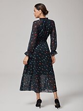 baratos Vestidos Florais-Mulheres Vestido casual Vestido Longo Vestido Maxi Preto Manga Longa Papagaio gravata na frente Primavera &amp; Outono Estações Cruzadas Decote V Férias S M L