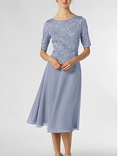 levne Délka čaje-A-line šaty matky nevěsty svatební host elegantní drobné výstřih do lodi délka po kolena chiffon poloviční rukáv s plisováním jednobarevné bez vlastního měření