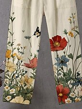 billiga Raka byxor-Dam Kinesiska Byxor Streetwear Ledigt Fullängd Hög midja Blommig Elastisk midja Mönster Mateial som andas Bekväm Elastisk Semester Gata Dagliga kläder Kaki Sommar Vår Höst Normal