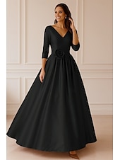 abordables Robes de Soirée en A-Ligne A Robe de Soirée Élégant Robe de soirée Formel Mariage Longueur au sol Manche 3/4 Col en V Satin Extensible avec Froncé 2025
