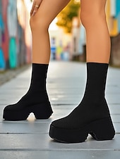baratos Botas com salto-Botas plataforma grossas femininas – botas de cano curto pretas de malha elástica com bico redondo para streetwear, looks casuais e moda outono