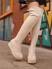 baratos Botas da moda-Botas femininas de camurça bege acima do joelho com salto plataforma – calçado de inverno confortável para estilo urbano e uso casual diário