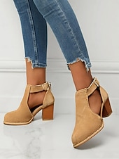baratos Botas de tornozelo-Botas femininas de camurça bege com recorte no tornozelo e salto bloco - perfeitas para passeios casuais, moda primavera e outono e uso diário elegante