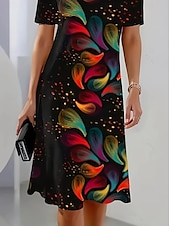 levne Šaty umění a designu-Elegantní dámské večerní midi šaty s krátkým rukávem a výstřihem do krku A-line šaty ležérní boho každodenní regular fit ombre květinová grafika černá léto jaro podzim