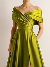 abordables Robes de Soirée en A-Ligne A Robe de Soirée Élégant Robe de soirée Formel Mariage Longueur au sol Sans manches Épaules Dénudées Satin Extensible avec Plis Froncé Fente 2025