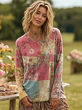 billige Blomster t-skjorte-Dame Plus Size T-skjorte Blomster Fargegradient Oljemaleri blomster Grunnleggende Langermet Rund Hals Vanlige topper Daglig Gå ut Weekend Trykk Rosa Rød Blå Lilla Grønn Vår Høst Forhøst