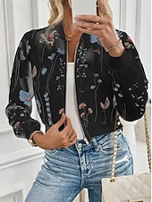 levne letecká bunda-Dámské Neformální bunda Zahřívací Rychleschnoucí Zip Kapsy Elegantní Módní Denní Jednoduchý Květinový Dovolená Ležérní Denní Běžné / Denní Krátké baseballový obojek Běžný Dlouhý rukáv Svrchní oděvy