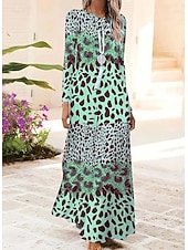 tanie Sukienka boho-Damskie Sukienka maxi Sukienka trapezowa Sukienka A line Impreza Codzienny Boho Codzienny Randka Wyjściowe Regularny Graficzny Zwierzę Panterka Długi rękaw Półgolf Rumiany róż Niebieski Brązowy