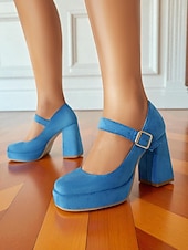 cheap 1950s-Women&#039;s Blue Suede Mary Jane Block Heel Pumps – Platform Round Toe Buckle Strap 1950s Vintage Party Shoes for Weddings, Cocktail, and Evening Outfits
