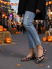 levne Pro ženy-Dámské lehké dýňové balerínky se špičatou špičkou - nazouvací halloweenské boty pro slavnostní podzimní outfity a každodenní pohodlí