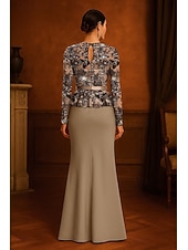  Русалка В пол Вышивка бисером Вечернее платье Платье матери невесты Выпускные платья Вечернее платье С пышной юбкой Торжественное платье Элегантный стиль Блестящая Стиль знаменитостей Длинный рукав