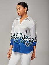 economico Bluse e camicie-camicetta in raso da donna, top eleganti, stampa multicolore audace, stampa posizionata in modo brillante, vestibilità classica, viscosa verde acqua, manica lunga, lavoro, quotidiano, elegante, alla moda, autunno