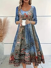 ieftine Tipăriți rochii florale-Pentru femei Rochii Midi Rochie casual Rochie imprimata Epocă Modern Zilnic Dată Sfârșit de săptămână Fit regulat Floare Manșon Lung Stil Nautic Albastru piscină Trifoi Albastru Deschis Primăvar