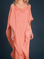 billiga Golvlängd-Strand Bröllop Sheath Mor till Bruden Klänning Bröllop Gäst Elegant Plus Size Juvel Uringning Golvlängd Chiffong Halv Ärmm med Pärlbrodering Kaskad Volanger fri skräddarsydd storlek