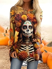 billige Halloween topper-Halloween Dame T skjorte Grafisk Hodeskaller Årgang Stilfull Fritid Langermet Crew-hals Lange topper Daglig Trykt mønster Rød Lilla Oransje Kakifarget Vår Høst
