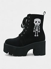 abordables Pour les femmes-Bottines gothiques à plateforme en daim noir pour femmes - Bottines à lacets et talons épais avec broderie squelette pour Halloween et cosplay d&#039;automne &amp;tenue de fête