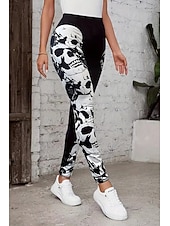 tanie -Legginsy damskie na wakacje vintage mody pełna długość wysoki stan grafika czaszki miękka oddychająca rozciągliwa na zewnątrz wakacyjna ulica czarna biała czarno-biała wiosna jesień zima slim fit