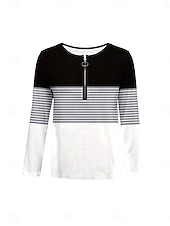 preiswerte Streifen- und geometrisches T-Shirt-Damen T Shirt Reißverschluss Druck Grafik Geometrisch Gestreift Elegant Vintage Stilvoll Langarm Rundhals Einkerbiger Ausschnitt Normale Oberteile Täglich Wochenende Schwarz und weiss Frühling Herbst