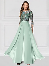 levne Máminy kombinézy-Květinový overal vyšívaná matka nevěsty formální svatba elegantní vintage iluze krk dlouhá sukně šifon poloviční rukáv se třpytkami závodní den šaty