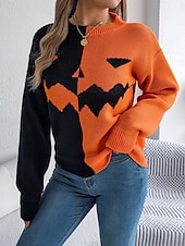 economico Blusa e Camicie di Halloween-Maglione da donna Halloween con zucca casual morbido grafica colletto a coste maniche lunghe top regolari lavorato a maglia arancione khaki autunno inverno pre-autunno