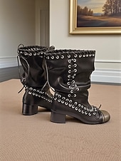 baratos Botas de motociclista-Botas femininas de couro estilo slouchy com detalhes em cadarço, estilo inspirado no steampunk para looks urbanos, ideais para looks urbanos modernos e uso diário
