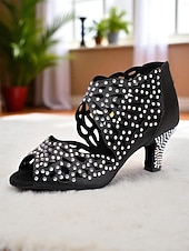 economico Scarpe per balli latini-scarpe da ballo da donna con punta aperta, strass e tacco basso color carne - calzature professionali per feste da ballo Gatsby