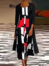 ieftine Rochie cu dungi și geometrică-Pentru femei Set de rochii Rochie Maxi Rochie de schimb Rochie de vară Casual Grafic Geometric Multistratificat Imprimeu Rochie Maxi Lungime Manșon 3/4 Stil Nautic Zilnic Alb Roșu-aprins Primăvar