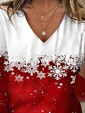 abordables Hauts de Noël-Noël Femmes T-shirt Graphique Motif de flocon de neige ancien Élégant Basique Manche 3/4 Col en V Hauts Réguliers Quotidien Week-end Imprimé Rouge Hiver