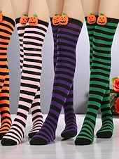 tanie Akcesoria Halloween-Damskie skarpetki za kolano na Halloween - bawełniane, długie pończochy w paski z uroczym wzorem dyni, zabawne i wygodne, nowatorskie pończochy na imprezy kostiumowe, cosplay i wydarzenia świąteczne