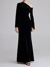 preiswerte Schlauch-Abendkleider-schwarze Krawatte Stretch-Samt Etuikleid/Säule Abendkleid elegantes Kleid formelle Hochzeit bodenlang langarm eine Schulter mit Falten 2025