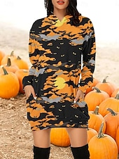 abordables Robe d&amp;#39;Halloween-Robe Sweat à Capuche Femme Halloween Imprimé Citrouille Mini Robe Robe Tunique Décontractée Vacances Week-end Coupe Lâche Graphique Citrouille Manches Longues Capuche Noir Violet Orange Gris Automne
