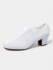 baratos Ténis de Dança-Sapatos de dança brancos com cadarço para mulheres - calçados de salão de salto grosso e brilhante com design de malha respirável para prática e performance