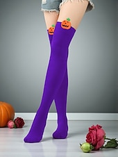 tanie Akcesoria Halloween-Damskie skarpetki za kolano na Halloween - bawełniane, długie pończochy w paski z uroczym wzorem dyni, zabawne i wygodne, nowatorskie pończochy na imprezy kostiumowe, cosplay i wydarzenia świąteczne
