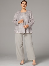 baratos Terninhos de calça da mamãe-Terninho Traje de 3 peças Longo Vestido Para Mãe dos Noivos Sem Manga Scoop pescoço Elegante Convidado do casamento Chiffon Renda Embrulho incluido com Lantejoulas