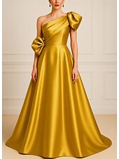 baratos Vestidos de Noite-Vestido de Gala A-Line Vestido Elegante Formal Casamento Comprimento do Chão Sem Mangas Um Ombro Cetim com Bolsos e Pregas Flor de Ombro