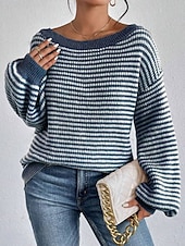 preiswerte Grafische Muster und Details-Damen Pullover Lässig Weich Gestreift Gerippt U-Boot-Ausschnitt Gestrickt Langarm Normale Oberteile Stricken Outdoor Täglich Wochenende Schwarz Rote Herbst Winter