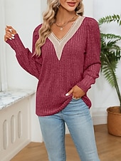 halpa Yksinkertaiset paidat-Naisten Neulos Pusero Päivittäin Tyylikäs Vapaa-aika Väripalikka Joustin V kaula-aukko Kudottu Pitsinauhat Pitkähihainen Tavalliset topit Neuloa Päivittäin Pyhäpäivä Bile Viininpunainen Musta Syksy