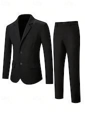 abordables Blazers Clásicos para Hombres-Hombre chaqueta Conjunto Negocio Fiesta de Cóctel Fiesta de Boda 2 Piezas Moda Casual Primavera Otoño Poliéster Plano Bolsillo Botones Cómodo Botonadura Simple Chaqueta de sport Negro