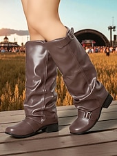 abordables Bottes à la mode-Bottes d&#039;équitation marron pour femmes - style équestre souple en similicuir avec sangles à boucle et talon bas, chaussures décontractées d&#039;automne et d&#039;hiver pour événements en plein air, festivals