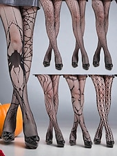 お買い得  ハロウィンアクセサリー-女性用ハロウィン柄網タイツ - 蜘蛛の巣、ドクロ、ゴシックデザインの黒の透けパンスト。魔女、吸血鬼、不気味なパーティー衣装にぴったりのセクシーなコスチュームストッキング。