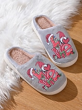ieftine Flip-Flops de Damă-Papuci de Crăciun bej pentru femei, cu căptușeală plușată și imprimeu festiv cu dragoste – pantofi de iarnă confortabili pentru interior, pentru sărbători, acasă și cadouri