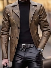 billiga Herrars klassiska kavajer-Herr Imitationsläderjacka Blazer i konstläder Bikerjacka Semester Dagligen Vindtät Håller värmen Ficka Vår Höst Slät Mode Klassisk Kavajslag Normal Imitationsläder Svart Kaffe Jacka